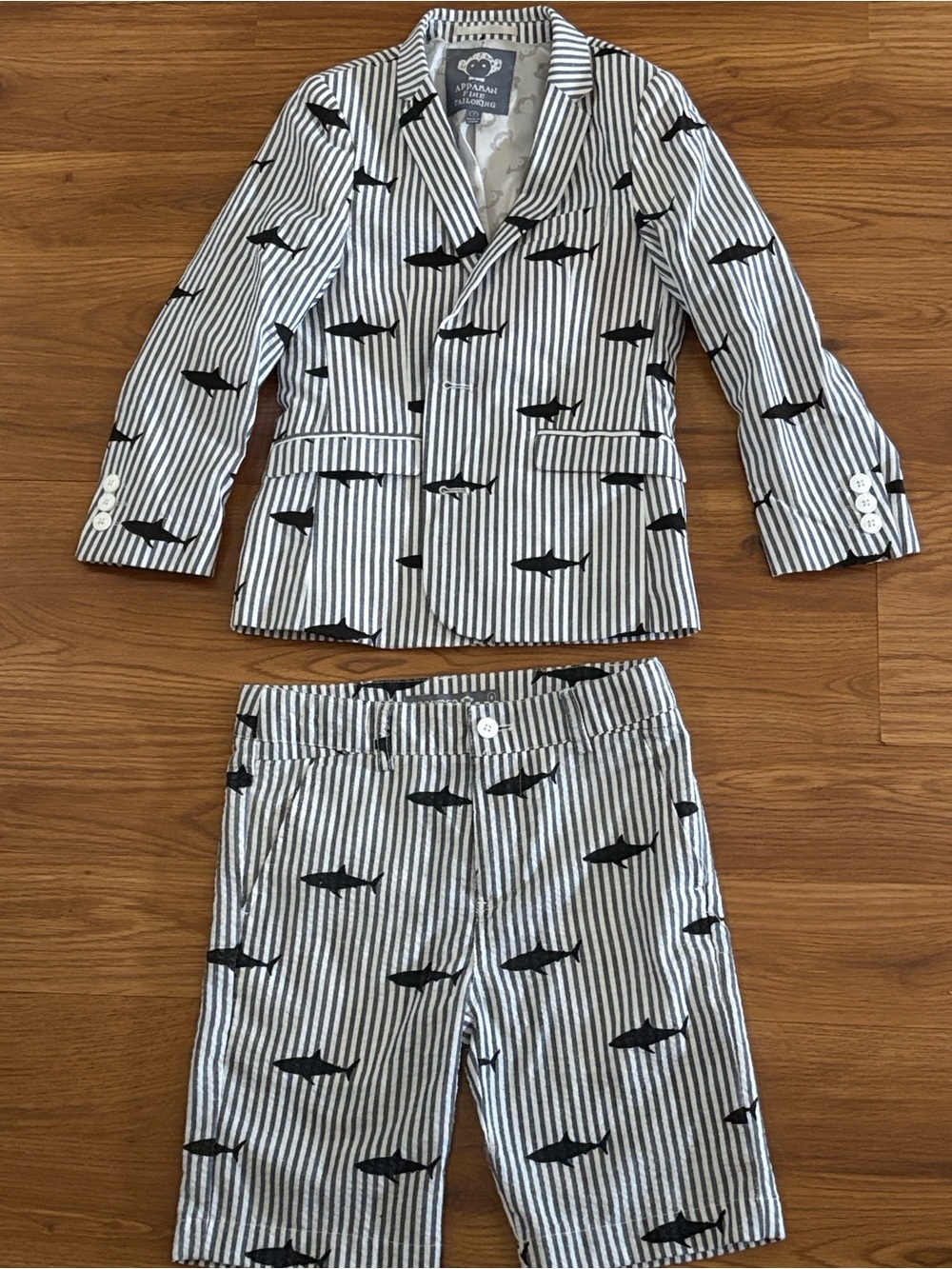 Appaman White & Navy Striped Shark  Blazer and Shorts Set